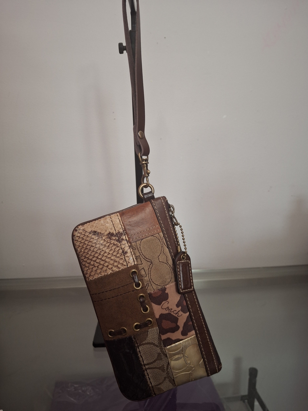 Coach Patchwork Leather and Signature Canvas Wristlet in Brown Tones